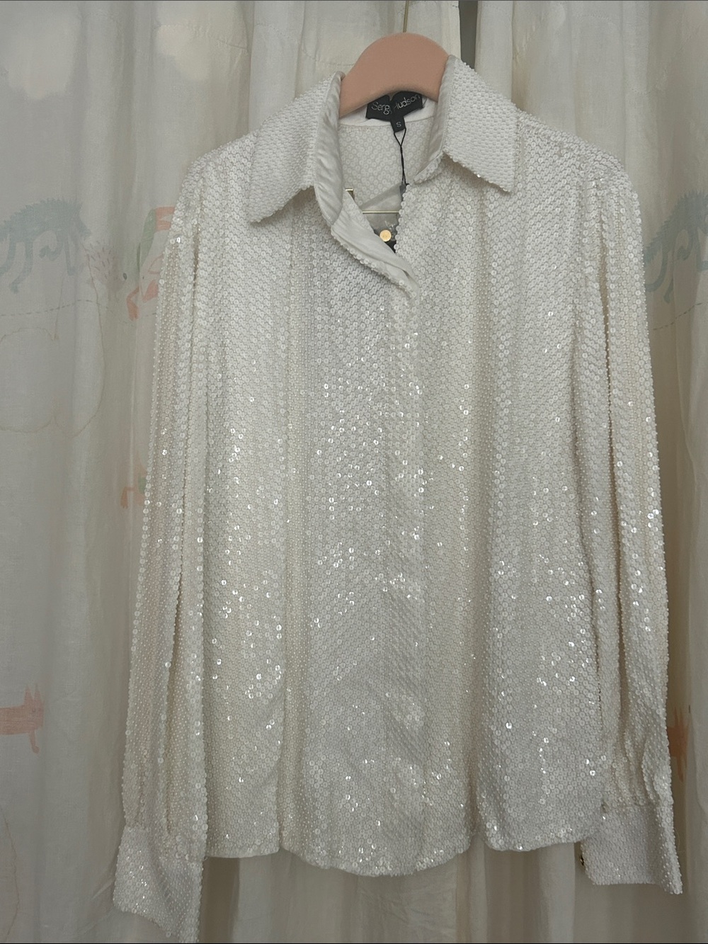Sergio Hudson  Cream Sequin Beaded Embellishment Button-Down Shirt S/M